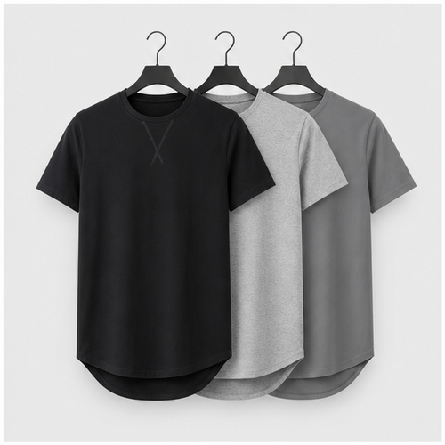 Men Mens 3 Pack Crewneck T-Shirts Multipack Short Sleeve Hipster Hip Hop Longline Classic Tee Tops - front view